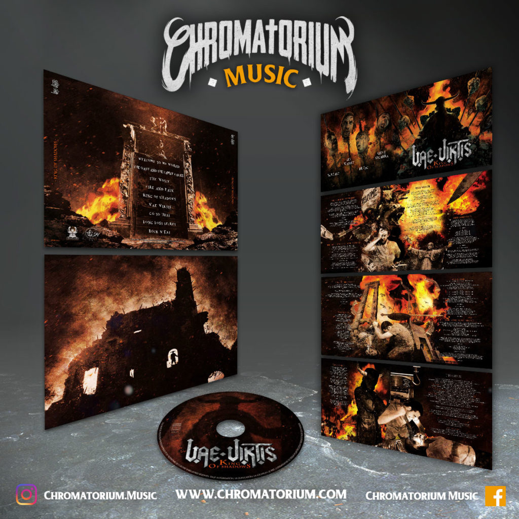 artwork-album-metal-heavy-vae-viktis-king-of-shadows-chromatorium-music-graphiste-design Livret booklet illustré du groupe de metal heavy vae viktis pour l'album king of shadows fait par le chromatorium