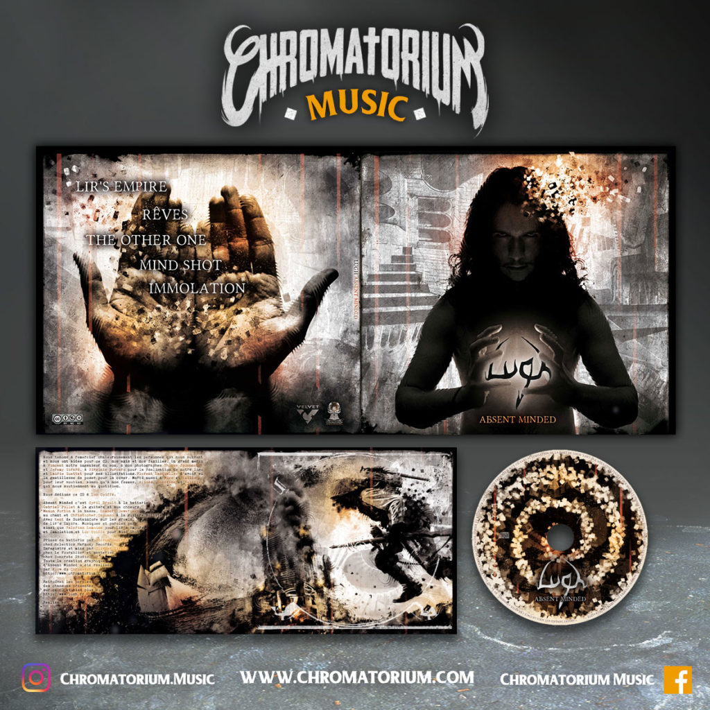 artwork-album-metal-theatral-lugh-absent-minded-chromatorium-music-graphiste-design Livret booklet illustré du groupe de metal theatral lugh pour l'album absent minded fait par le chromatorium