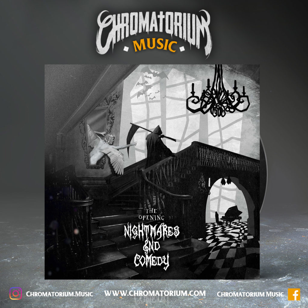 artwork-album-metal-theatral-nightmares-&-comedy-opening-chromatorium-music-graphiste-design artwork illustration de la cover du groupe de metal theatral nightmares & comedy pour l'album the opening fait par le chromatorium