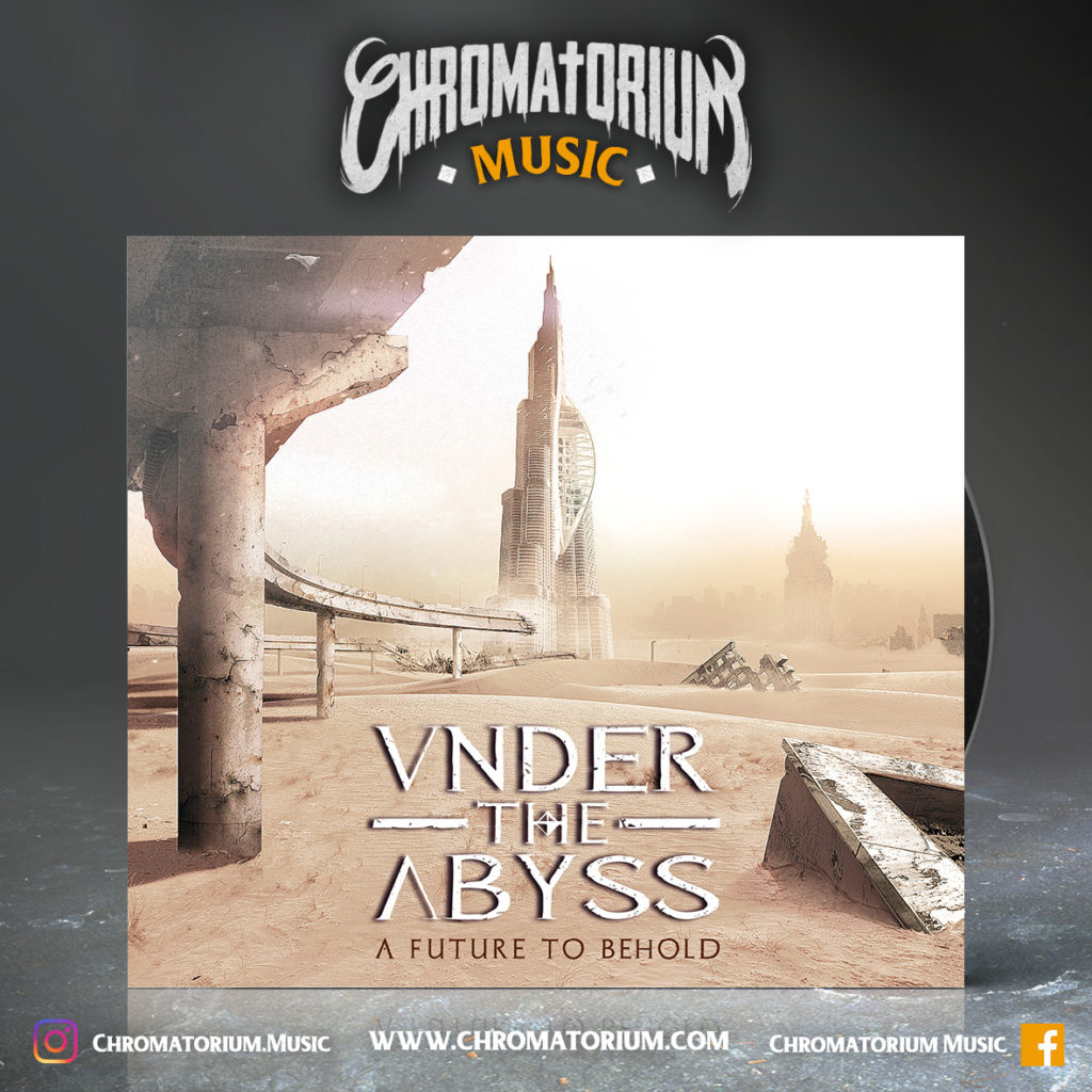 artwork-album-metal-thrash-under-the-abyss-future-to-behold-chromatorium-music-graphiste-design artwork illustration de la cover du groupe de metal thrash under the abyss pour l'album a future to behold fait par le chromatorium