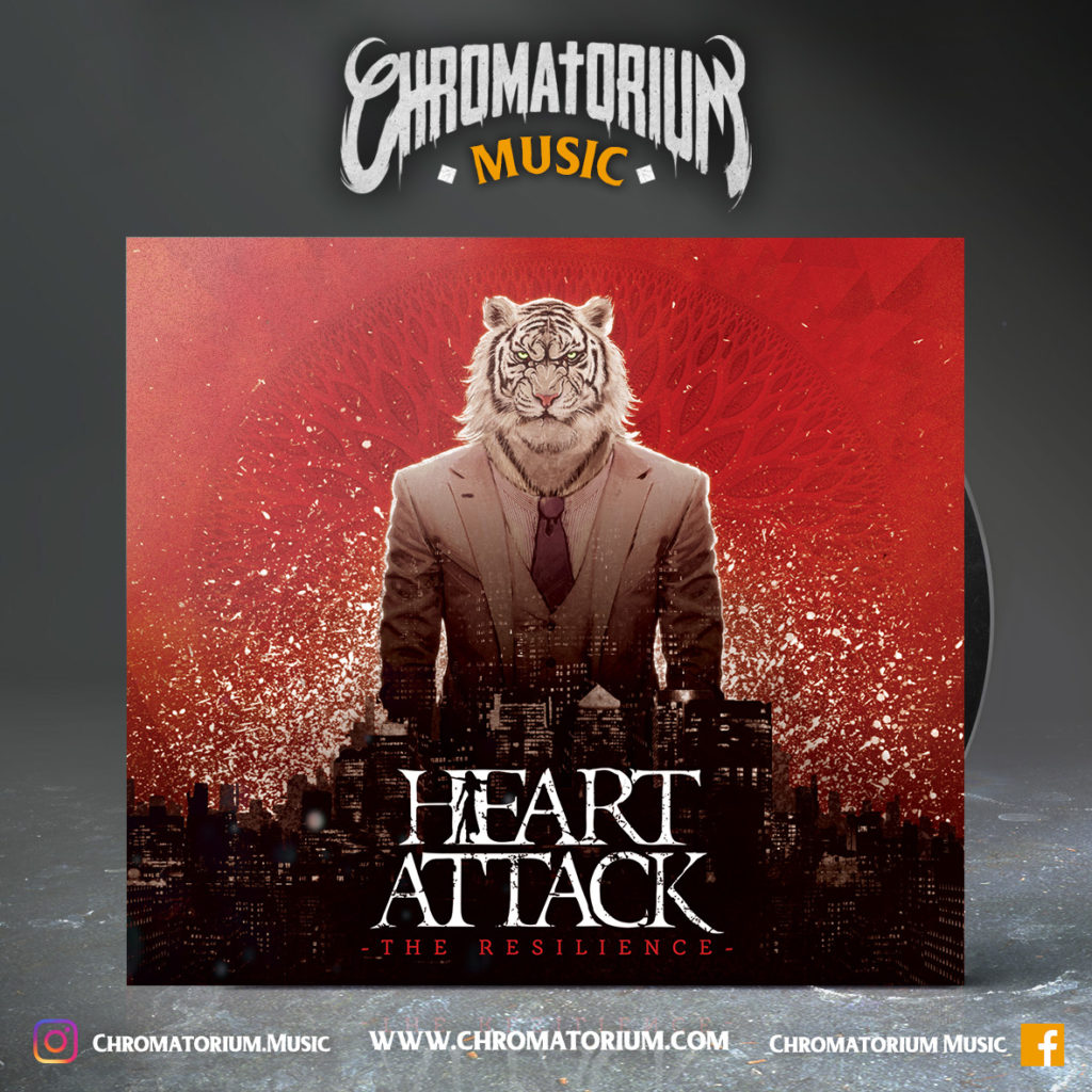 artwork-album-metal-thrash-heart-attack-resilience-chromatorium-music-graphiste-design artwork illustration de la cover du groupe de metal thrash heart attack pour l'album the resilience fait par le chromatorium