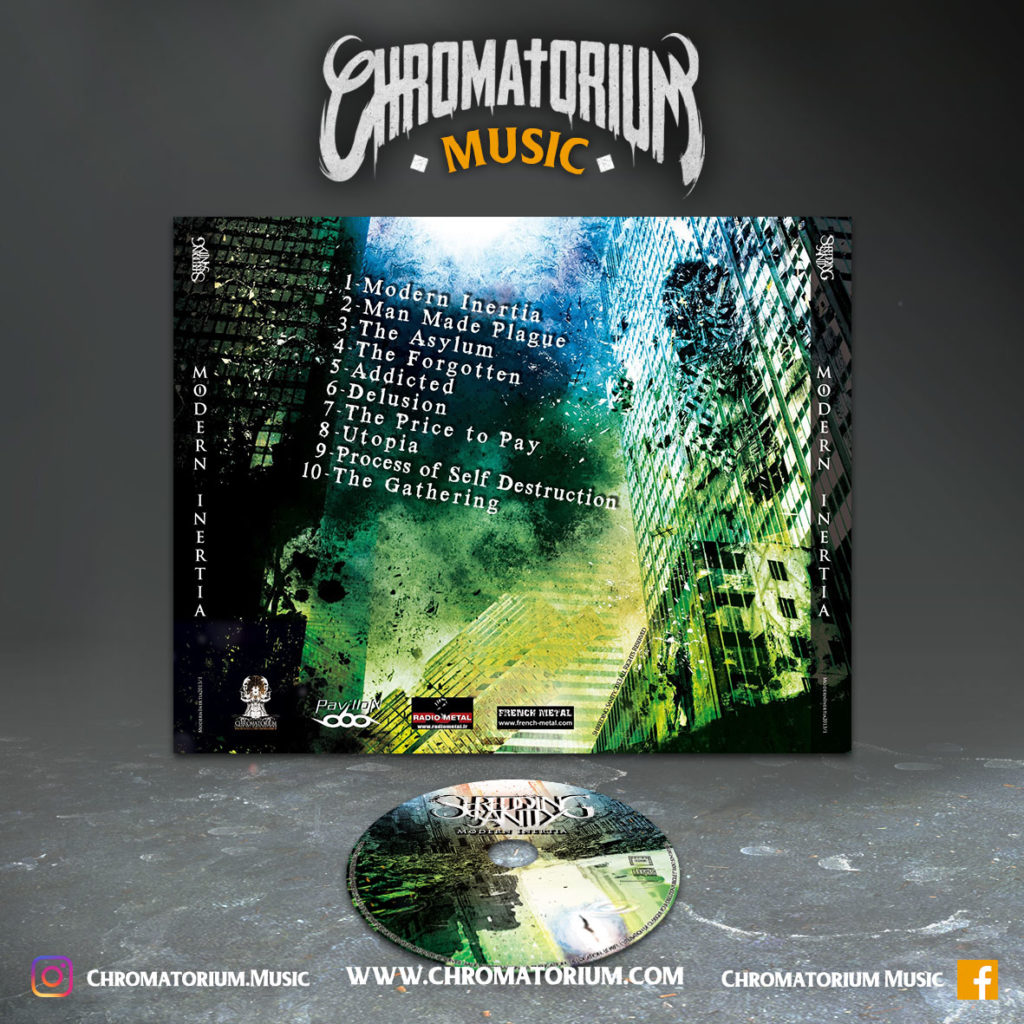 artwork-album-metal-melodic-death-shredding-sanity-modern-inertia-chromatorium-music-graphiste-design Inlay extérieur et cd illustré du groupe de metal melodic death shredding sanity pour l'album modern inertia fait par le chromatorium