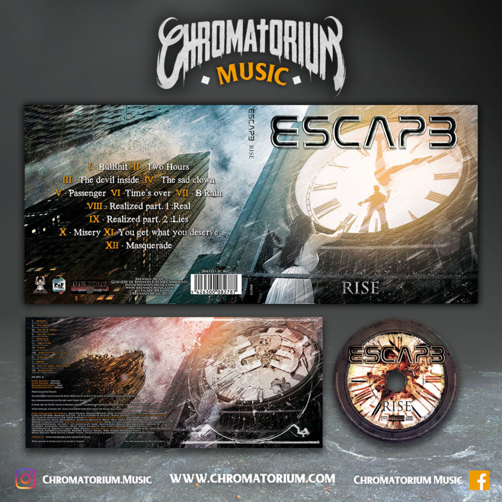 artwork-album-metal-rock-escape-rise-chromatorium-music-graphiste-design Livret booklet illustré du groupe de metal rock escape pour l'album rise fait par le chromatorium