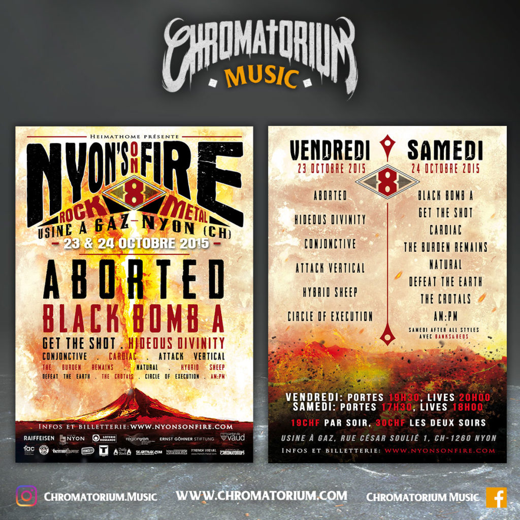 artwork-affiche-metal-prog-black-death-nyon-on-fire-festival-chromatorium-music-graphiste-design affiche illustration de la cover du festival nyon is on fire de black death metal en suisse fait par le chromatorium