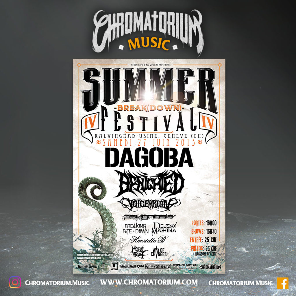 artwork-affiche-metal-prog-black-death-summer-breakdown-festival-chromatorium-music-graphiste-design artwork illustration de la cover du festival summer break down de black death metal en suisse fait par le chromatorium