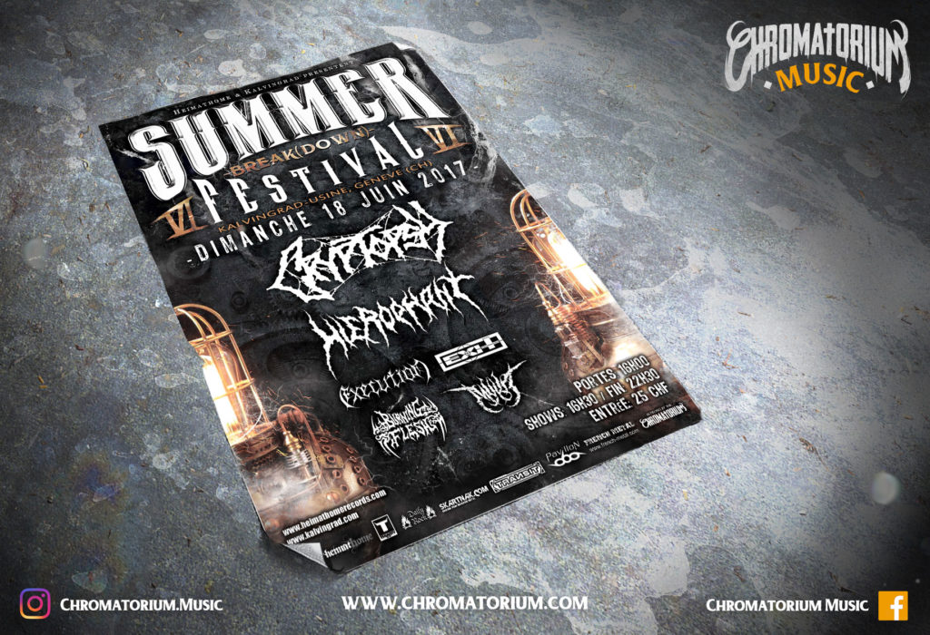 artwork-affiche-metal-death-thrash-summer-breakdown-festival-chromatorium-music-graphiste-design artwork illustration de la cover du festival summer break down de black death metal en suisse fait par le chromatorium