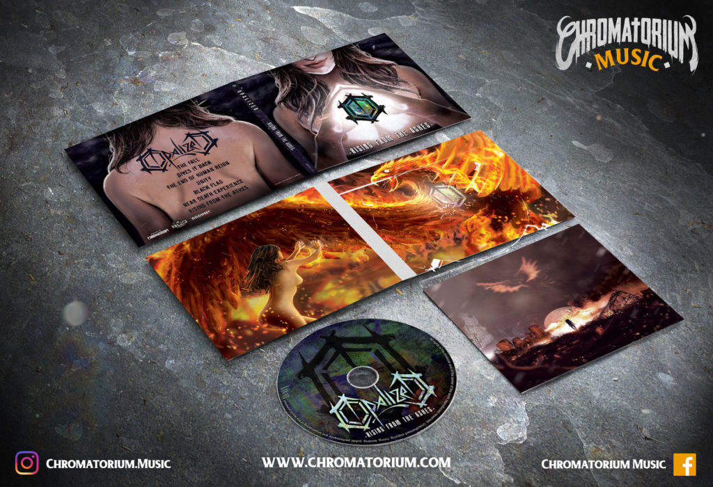 artwork-album-metal-core-opalized-rising-from-the-ashes-chromatorium-music-graphiste-design artwork complet illustration de l'ensemble du groupe de metal core opalized pour l'album rising from the ashes fait par le chromatorium