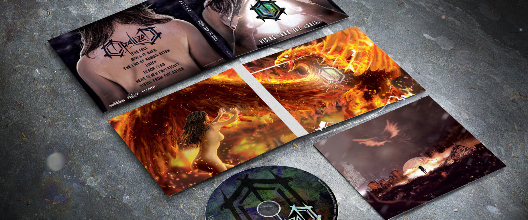 artwork complet illustration de l'ensemble du groupe de metal core opalized pour l'album rising from the ashes fait par le chromatorium