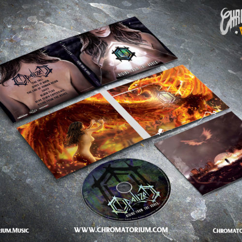 artwork complet illustration de l'ensemble du groupe de metal core opalized pour l'album rising from the ashes fait par le chromatorium