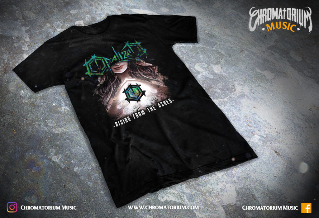 artwork-merch-metal-core-opalized-rising-from-the-ashes-chromatorium-music-graphiste-design merchandising clothing du t-shirt noir du groupe de metal core opalized pour l'album rising from the ashes fait par le chromatorium
