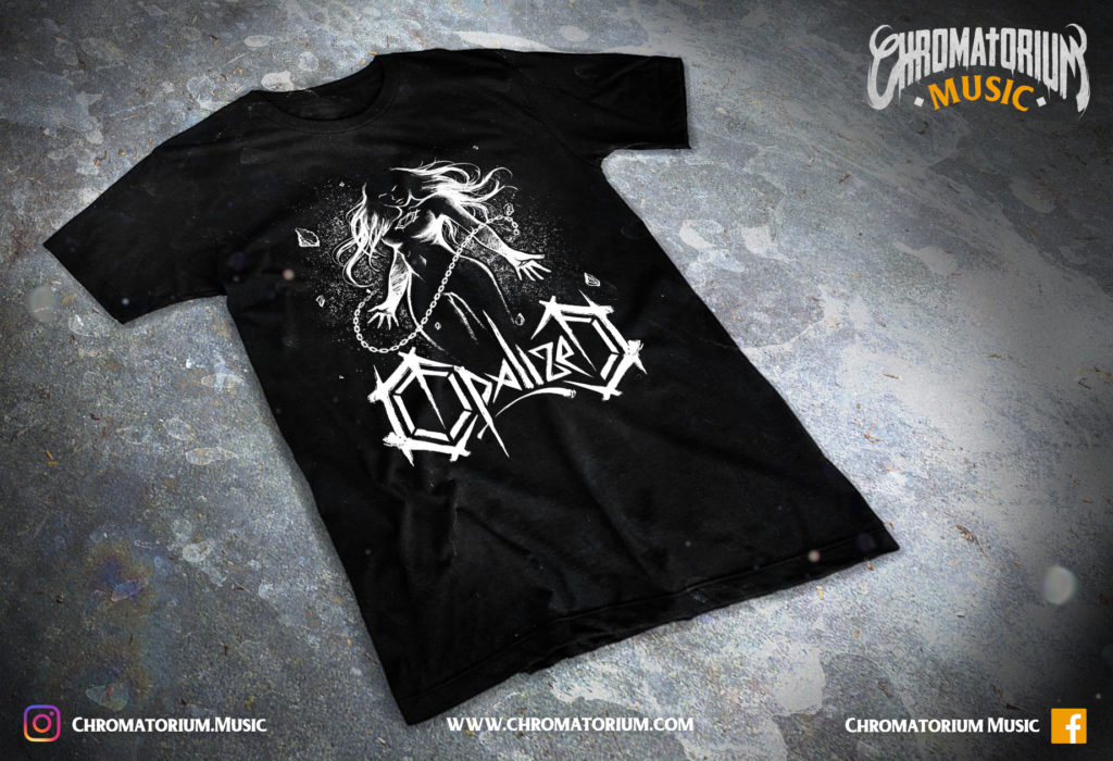 artwork-merch-metal-core-opalized-rising-from-the-ashes-chromatorium-music-graphiste-design merchandising clothing du t-shirt noir du groupe de metal core opalized pour l'album rising from the ashes fait par le chromatorium