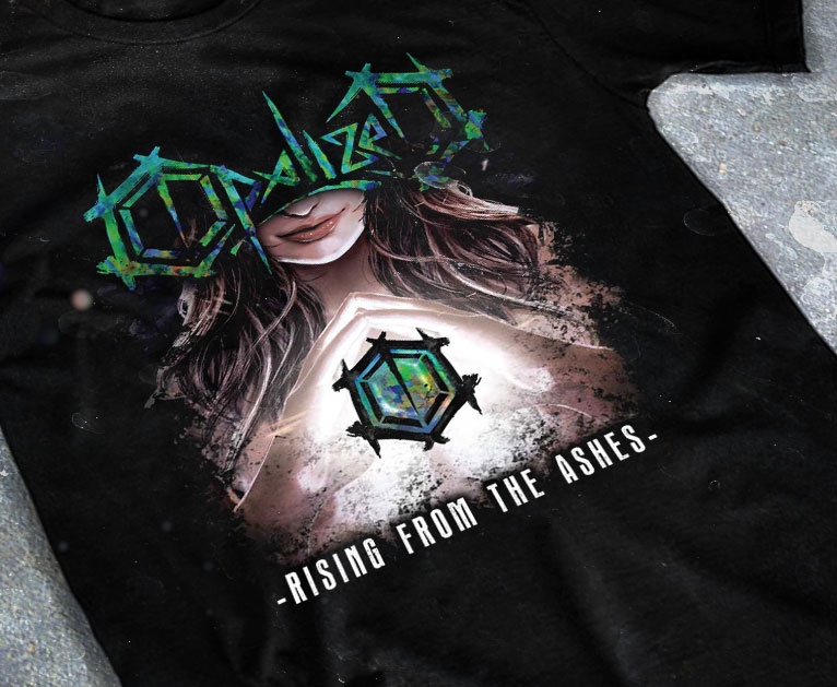 artwork-merch-metal-core-opalized-rising-from-the-ashes-chromatorium-music-graphiste-design merchandising cloting du t-shirt noir du groupe de metal core opalized pour l'album rising from the ashes fait par le chromatorium