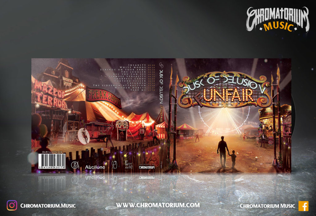 artwork-album-metal-nu-dusk-of-delusion-funfair-chromatorium-music-graphiste-design artwork complet illustration de l'ensemble du groupe de nu metal dusk of delusion pour l'album funfair fait par le chromatorium