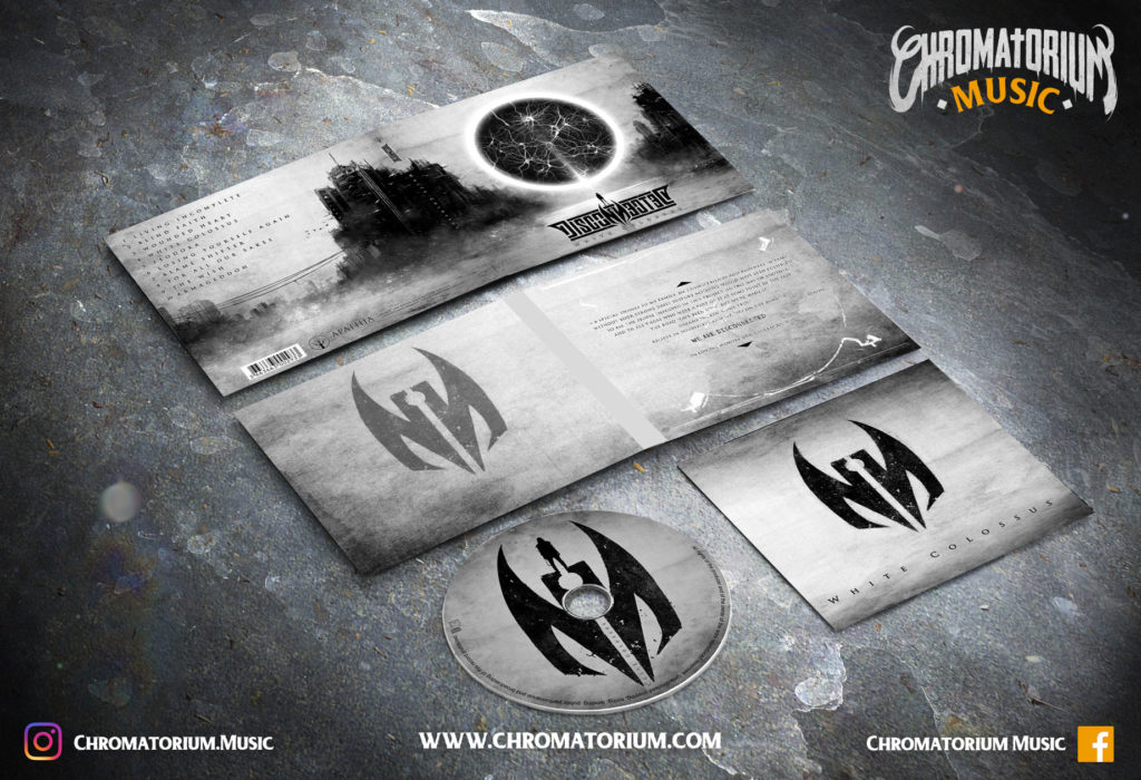 artwork-album-metal-death-prog-nu-disconnected-white-colossus-chromatorium-music-graphiste-design artwork complet illustration de l'ensemble du groupe de death prog nu metal disconnected pour l'album white colossus fait par le chromatorium