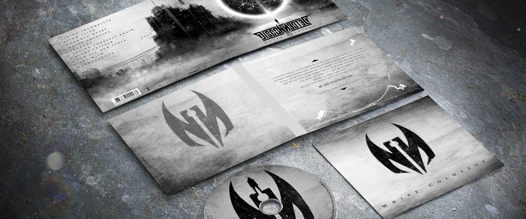 artwork complet illustration de l'ensemble du groupe de death prog nu metal disconnected pour l'album white colossus fait par le chromatorium