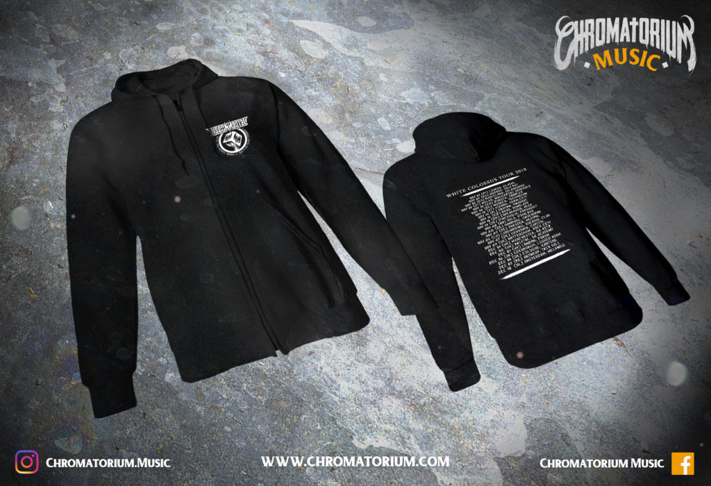 artwork-merch-metal-death-prog-nu-disconnected-white-colossus-chromatorium-music-graphiste-design merchandising clothing du sweat shirt a capuche noir du groupe de death prog nu metal disconnected pour l'album white colossus fait par le chromatorium