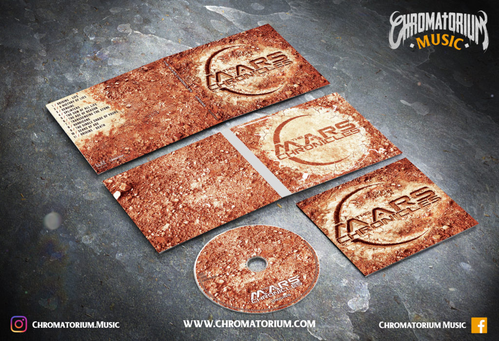 artwork-album-metal-alternatif-the-mars-chronicles-origins-chromatorium-music-graphiste-design artwork complet illustration de l'ensemble du groupe de alternatif metal the mars chronicles pour l'album origins fait par le chromatorium