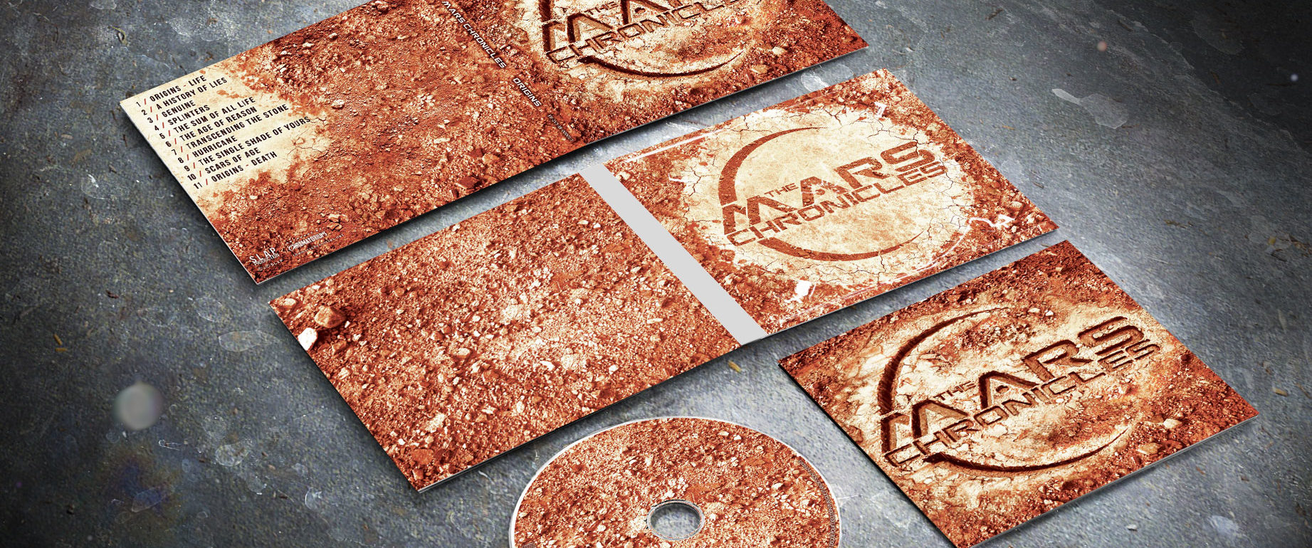 artwork complet illustration de l'ensemble du groupe de alternatif metal the mars chronicles pour l'album origins fait par le chromatorium