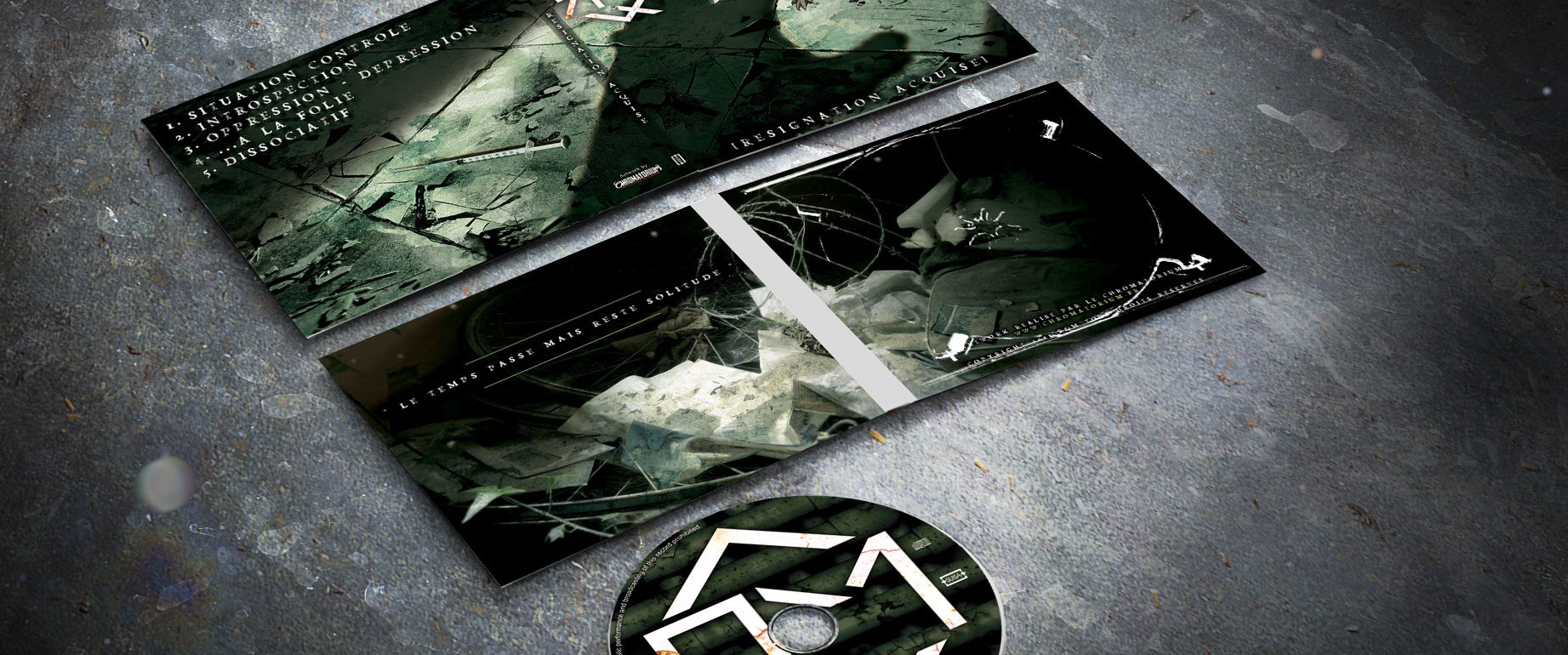 artwork complet illustration de l'ensemble du groupe de indus metal rqm pour l'album resignation acquise fait par le chromatorium