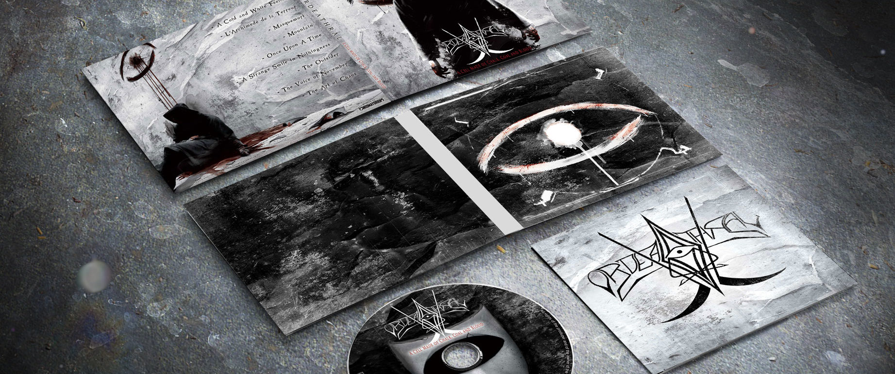 artwork complet illustration de l'ensemble du groupe de black death symphonic metal ordeathral pour l'album a cell made of chalk coal and blood fait par le chromatorium