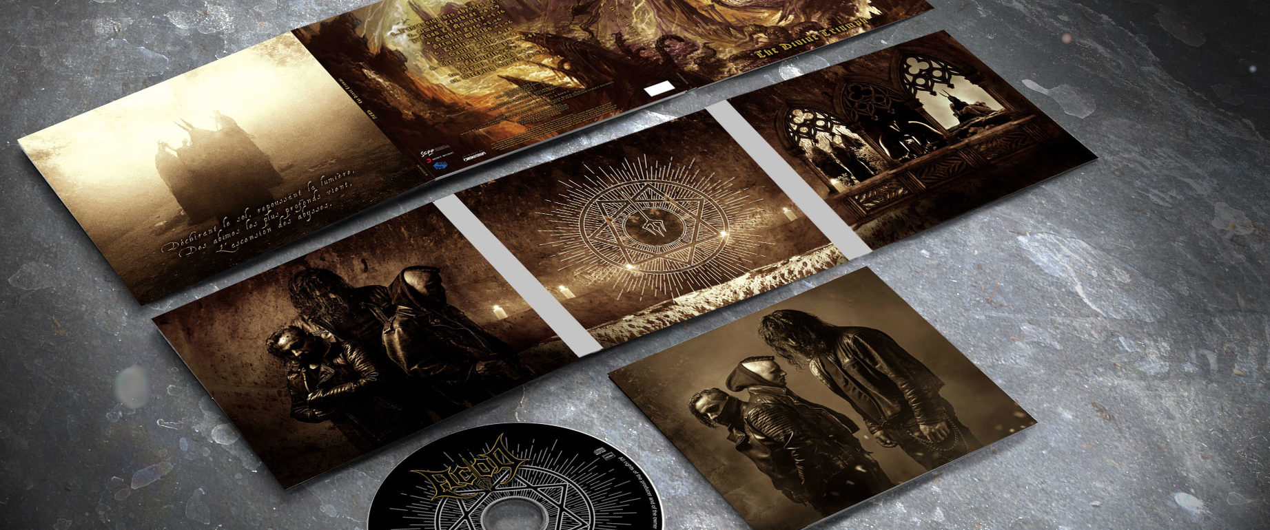 artwork complet illustration de l'ensemble du groupe de black death metal ACOD pour l'album the divine triumph fait par le chromatorium