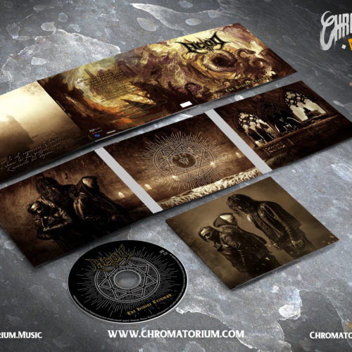 artwork complet illustration de l'ensemble du groupe de black death metal ACOD pour l'album the divine triumph fait par le chromatorium