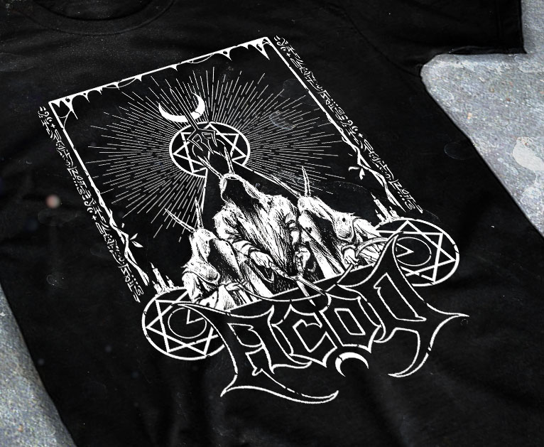 artwork-merch-metal-death-black-acod-the-divine-triumph-chromatorium-music-graphiste-design merchandising clothing du t-shirt noir du groupe de metal death black acod pour l'album the divine triumph fait par le chromatorium