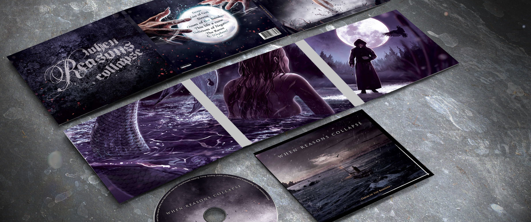 artwork complet illustration de l'ensemble du groupe de deathcore melodic metal when reasons collapse pour l'album omen of the banshee fait par le chromatorium