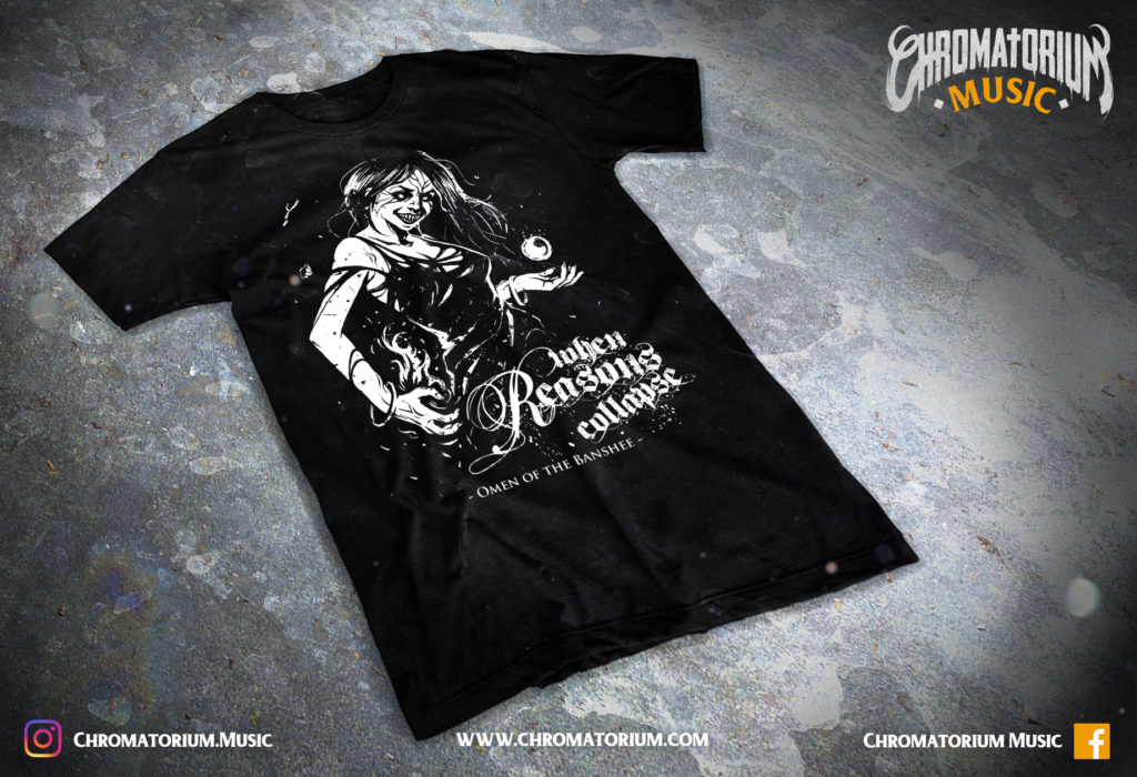 artwork-merch-metal-deathcore-melodic-when-reasons-collapse-omen-of-the-banshee-chromatorium-music-graphiste-design merchandising clothing du t-shirt noir du groupe de metal melodic deathcore when reasons collapse pour l'album omen of the banshee fait par le chromatorium