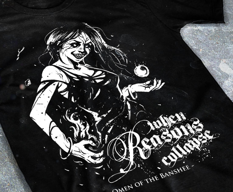 artwork-merch-metal-deathcore-melodic-when-reasons-collapse-omen-of-the-banshee-chromatorium-music-graphiste-design merchandising clothing du t-shirt noir du groupe de metal melodic deathcore when reasons collapse pour l'album omen of the banshee fait par le chromatorium