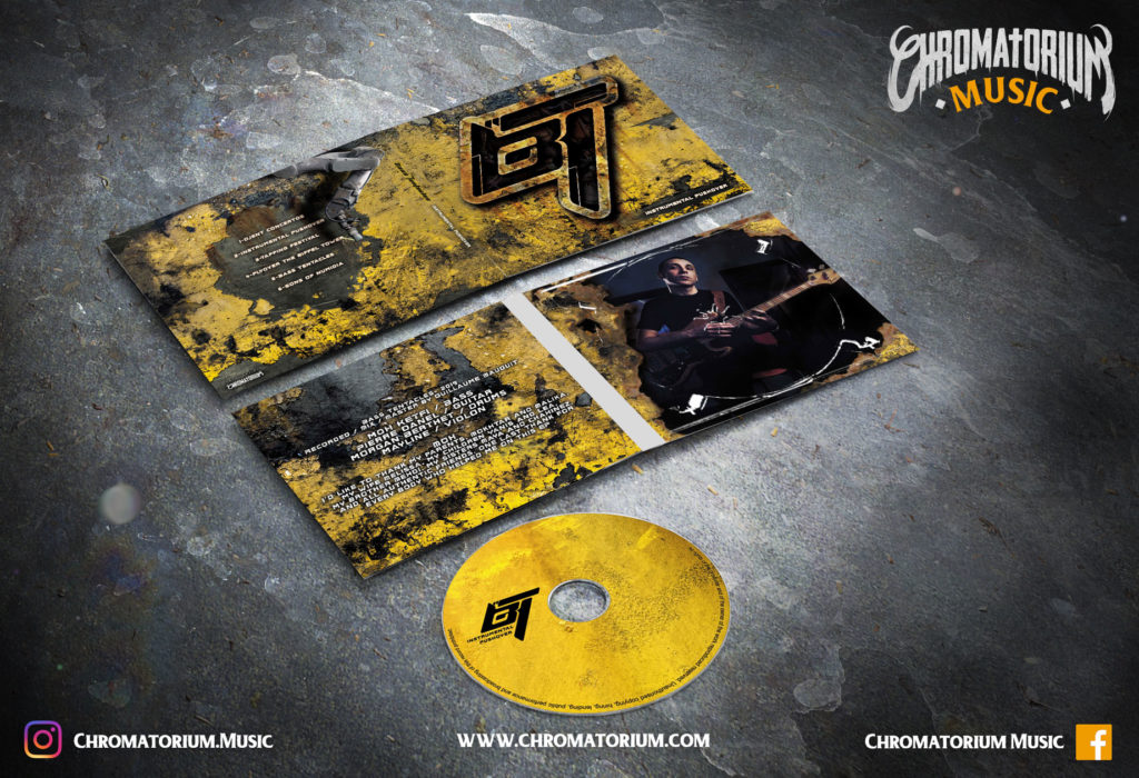 artwork-album-metal-prog-djent-modern-bass-tentacles-instrumental-pushover-chromatorium-music-graphiste-design artwork complet illustration de l'ensemble du groupe de prog djent modern metal bass tentacles pour l'album instrumental pushover fait par le chromatorium