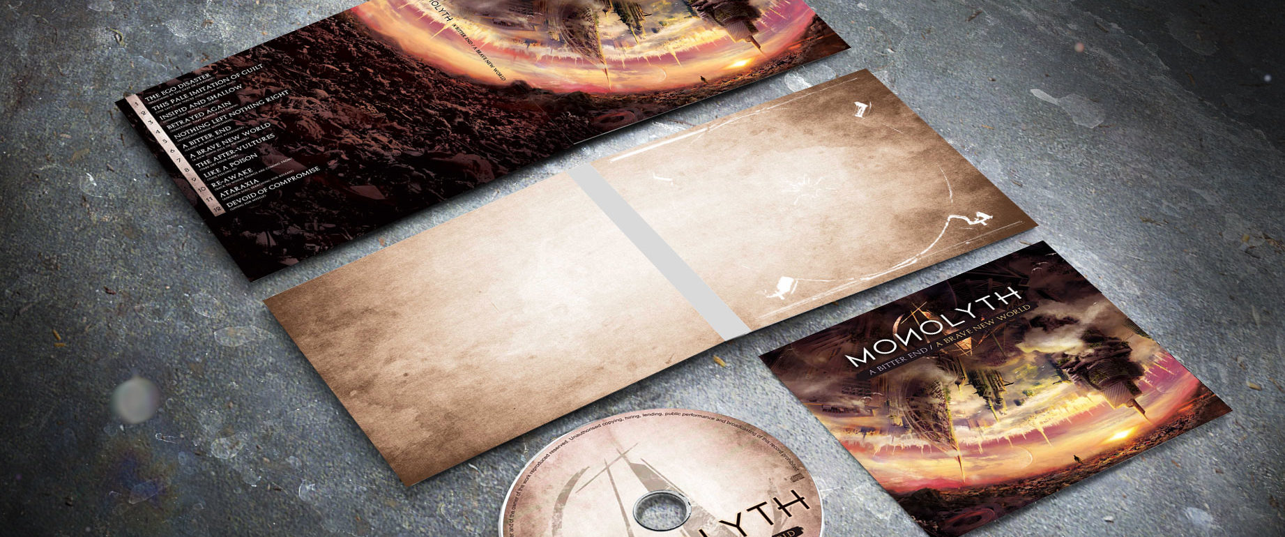 artwork complet illustration de l'ensemble du groupe de death thrash melodic metal monolyth pour l'album a bitter end a brave new world fait par le chromatorium