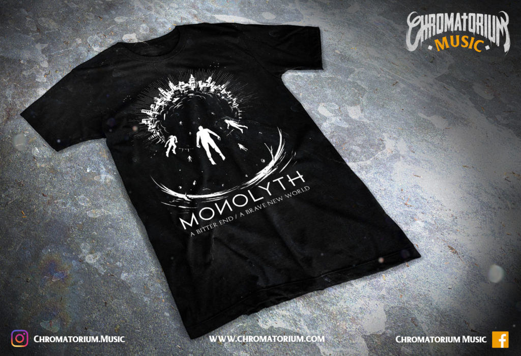 artwork-merch-metal-death-thrash-melodic-monolyth-a-bitter-end-brave-new-world-chromatorium-music-graphiste-design merchandising clothing du t-shirt noir du groupe de metal melodic thrash death monolyth pour l'album a bitter end a brave new world fait par le chromatorium
