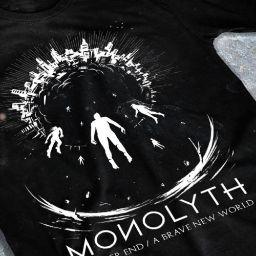 merchandising clothing du t-shirt noir du groupe de metal melodic thrash death monolyth pour l'album a bitter end a brave new world fait par le chromatorium