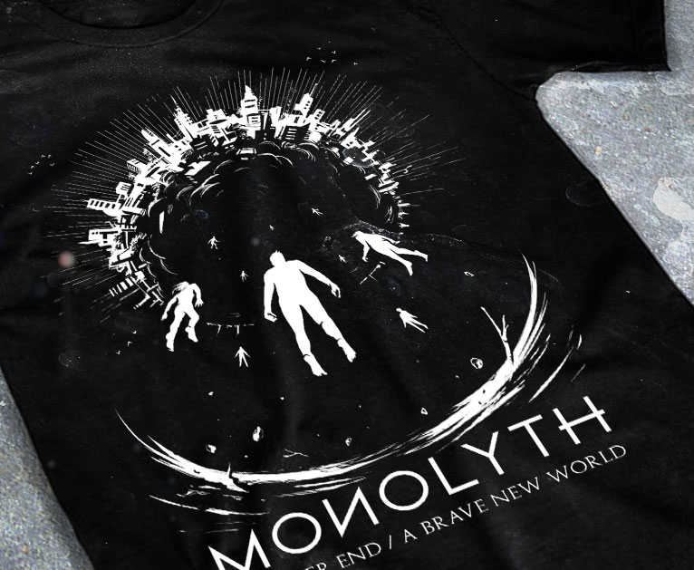 merchandising clothing du t-shirt noir du groupe de metal melodic thrash death monolyth pour l'album a bitter end a brave new world fait par le chromatorium