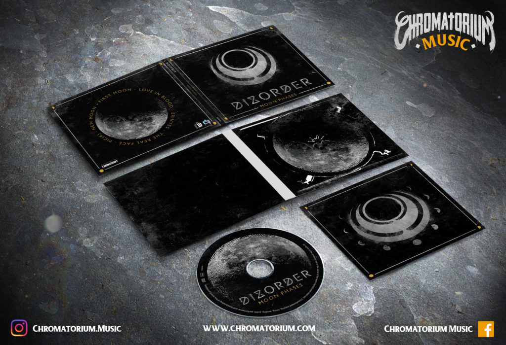 artwork-album-metal-modern-dizorder-moon-phases-chromatorium-music-graphiste-design artwork complet illustration de l'ensemble du groupe de modern metal dizorder pour l'album moon phases fait par le chromatorium