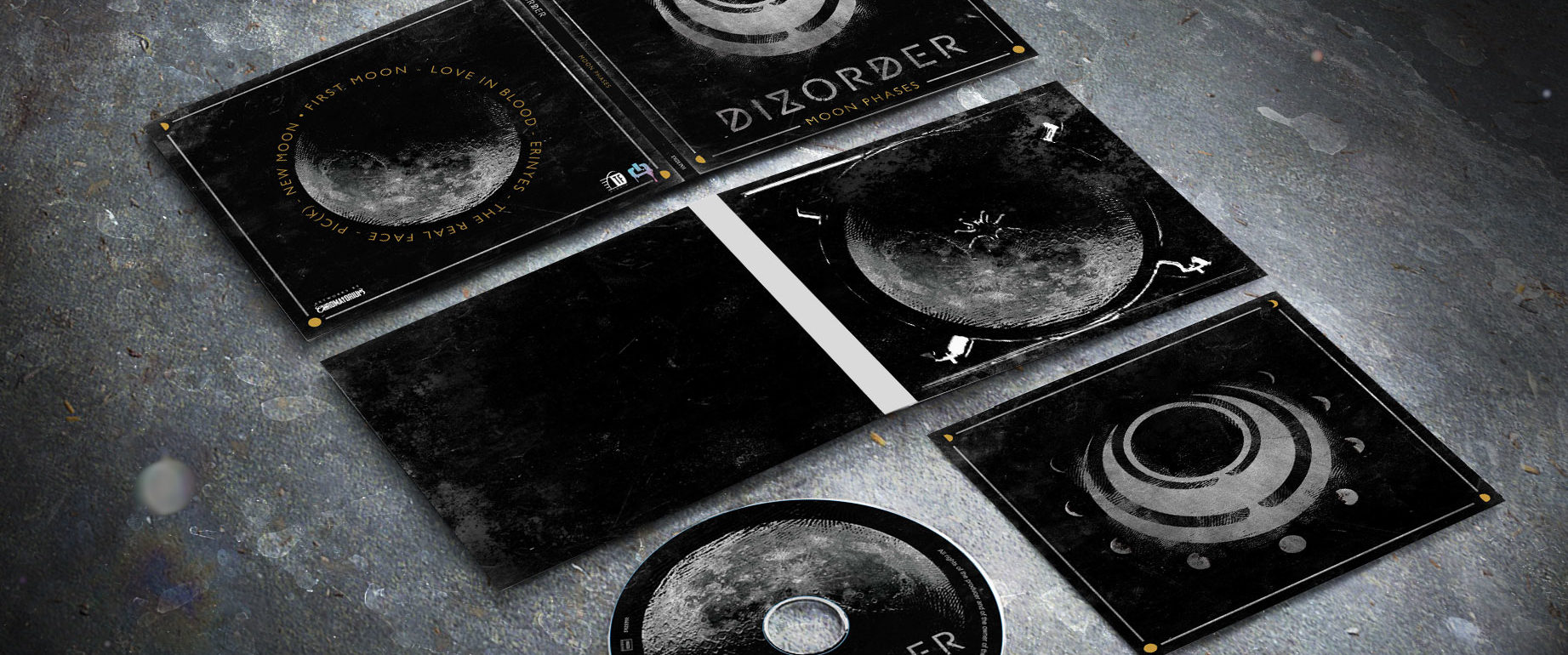 artwork complet illustration de l'ensemble du groupe de modern metal dizorder pour l'album moon phases fait par le chromatorium