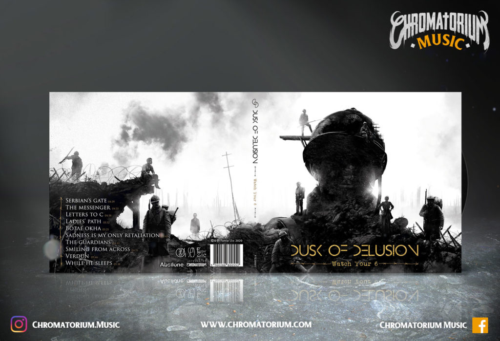 artwork-album-metal-nu-dusk-of-delusion-watch-your-6-chromatorium-music-graphiste-design artwork complet illustration de l'ensemble du groupe de nu metal dusk of delusion pour l'album watch your 6 fait par le chromatorium