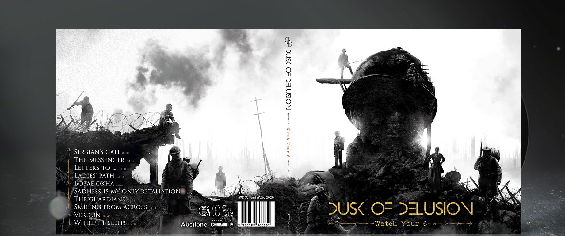 artwork complet illustration de l'ensemble du groupe de nu metal dusk of delusion pour l'album watch your 6 fait par le chromatorium