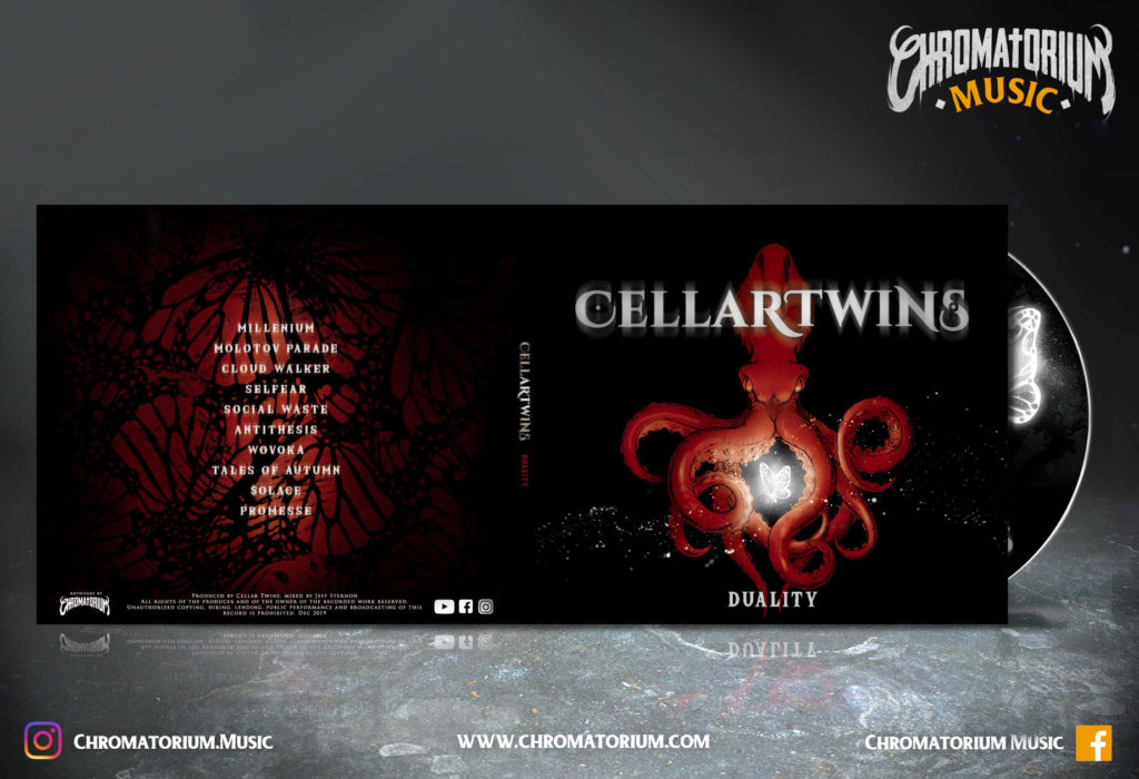 artwork-album-metal-rock-cellartwins-duality-chromatorium-music-graphiste-design artwork complet illustration de l'ensemble du groupe de rock metal cellartwins pour l'album duality fait par le chromatorium