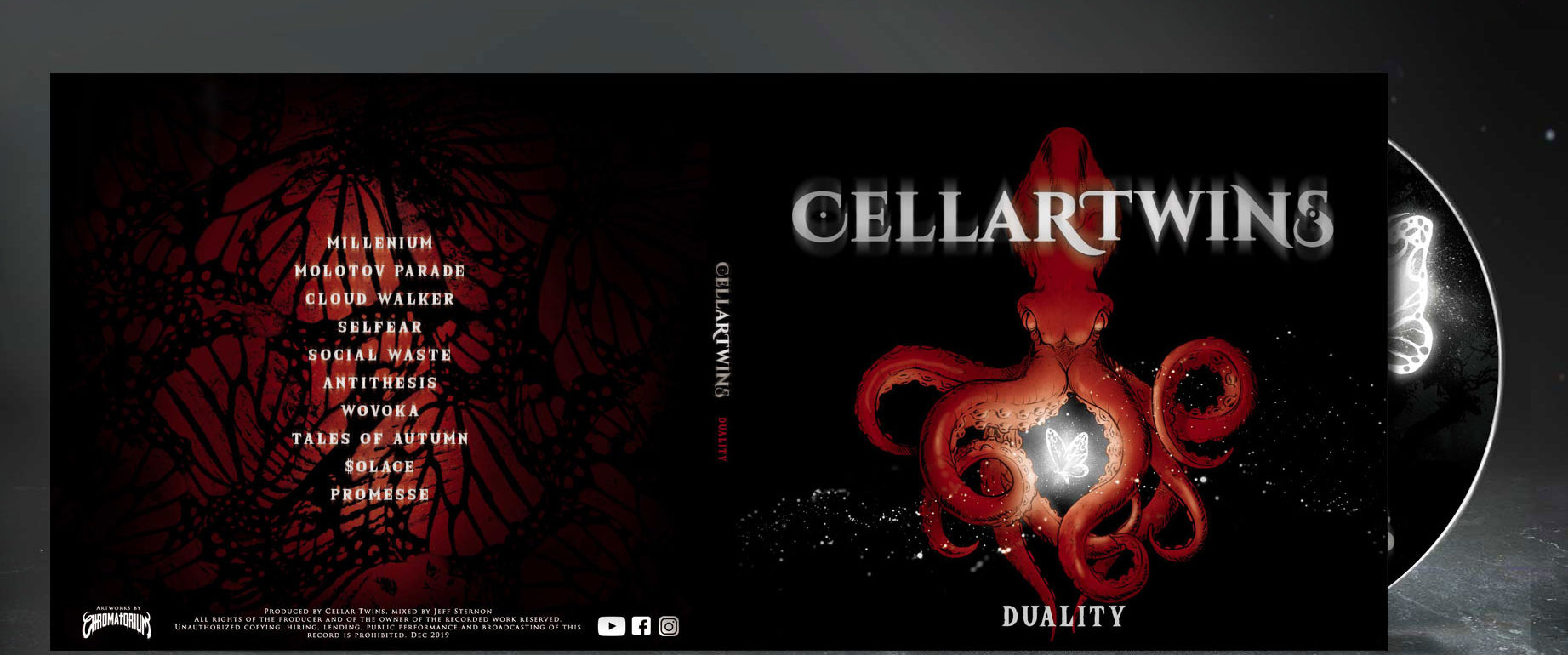 artwork complet illustration de l'ensemble du groupe de rock metal cellartwins pour l'album duality fait par le chromatorium