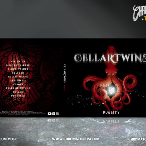 artwork complet illustration de l'ensemble du groupe de rock metal cellartwins pour l'album duality fait par le chromatorium