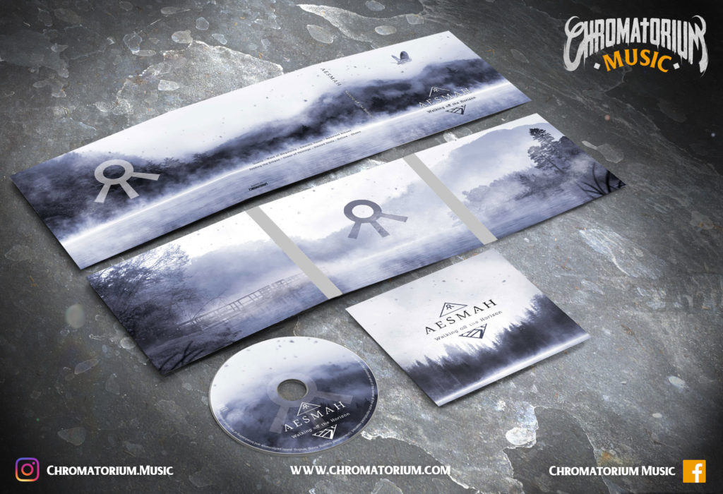artwork-album-metal-death-melodic-aesmah-walking-off-the-horizon-chromatorium-music-graphiste-design artwork complet illustration de l'ensemble du groupe de death melodic metal aesmah pour l'album walking off the horizon fait par le chromatorium