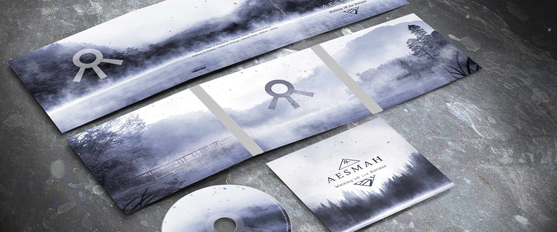 artwork complet illustration de l'ensemble du groupe de death melodic metal aesmah pour l'album walking off the horizon fait par le chromatorium