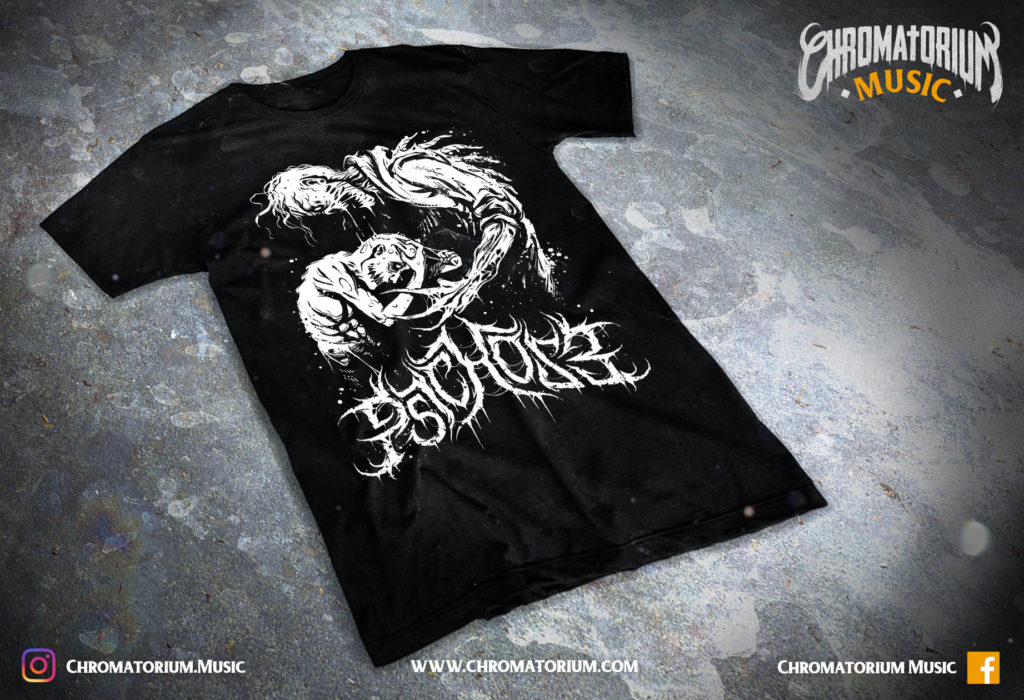artwork-merch-metal-deathcore-p5ychos3-oneirism-chromatorium-music-graphiste-design merchandising clothing du t-shirt noir du groupe de metal deathcore P5ychos3 pour l'album oneirism fait par le chromatorium
