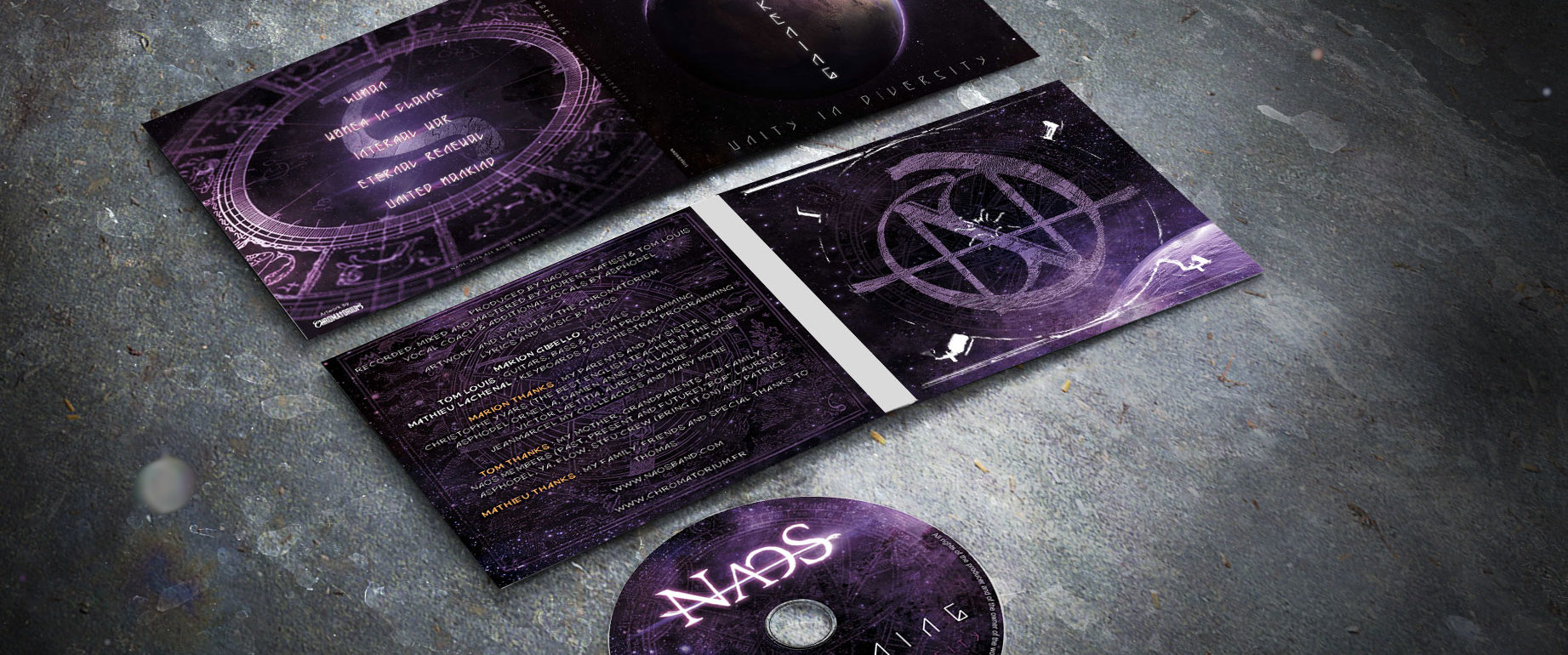 artwork complet illustration de l'ensemble du groupe de metal melodic naos pour l'album awakening fait par le chromatorium