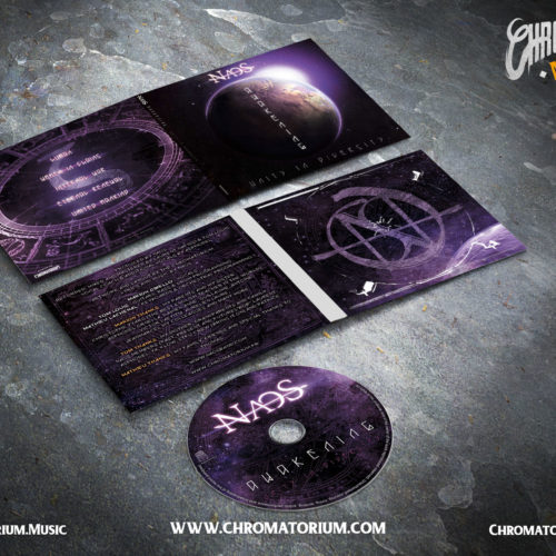 artwork complet illustration de l'ensemble du groupe de metal melodic naos pour l'album awakening fait par le chromatorium