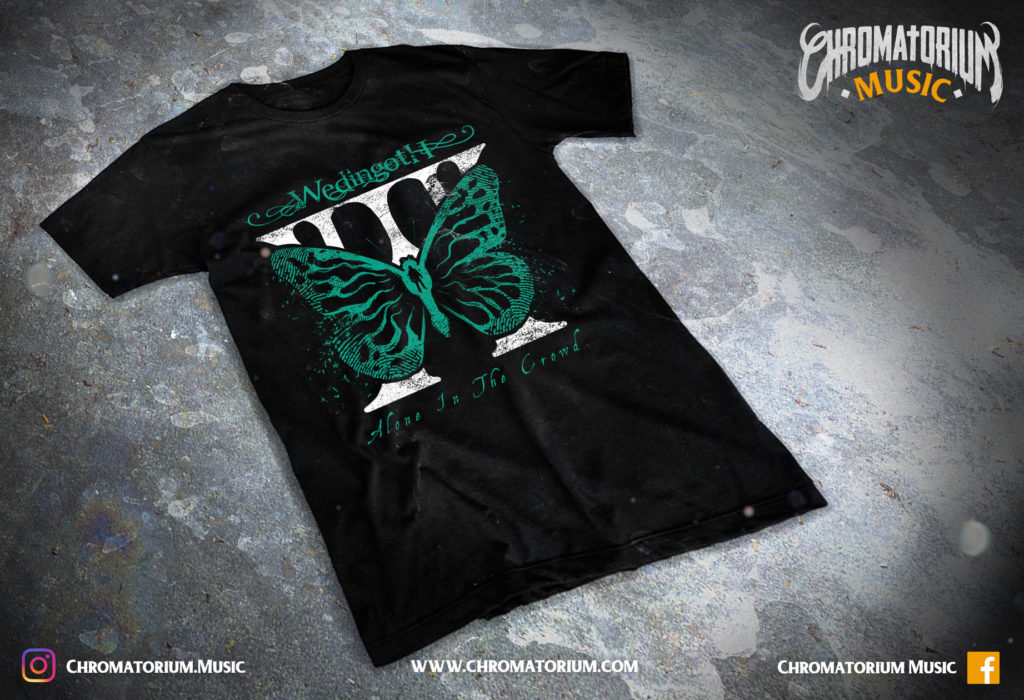 artwork-merch-metal-rock-prog-wedingoth-alone-in-the-crowd-chromatorium-music-graphiste-design merchandising clothing du t-shirt noir du groupe de metal rock prog wedingoth pour l'album alone in the crowd fait par le chromatorium