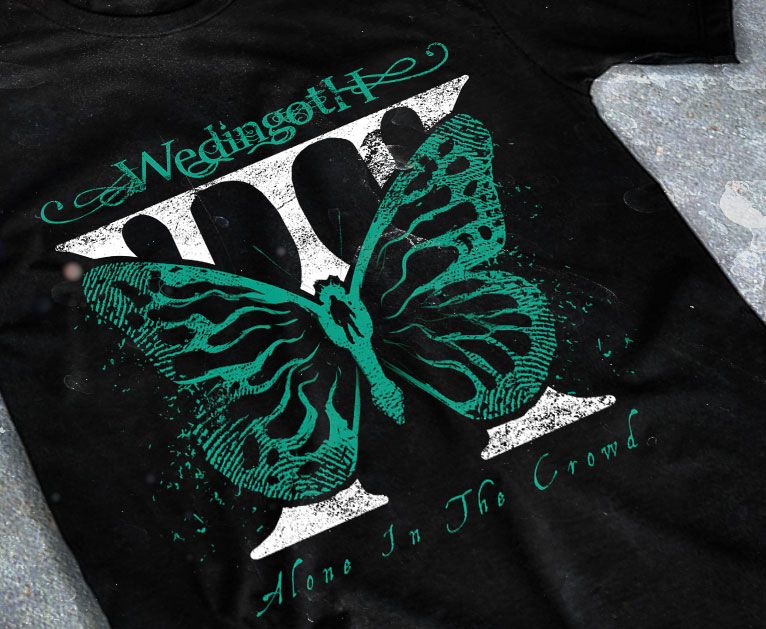 merchandising clothing du t-shirt noir du groupe de metal rock prog wedingoth pour l'album alone in the crowd fait par le chromatorium