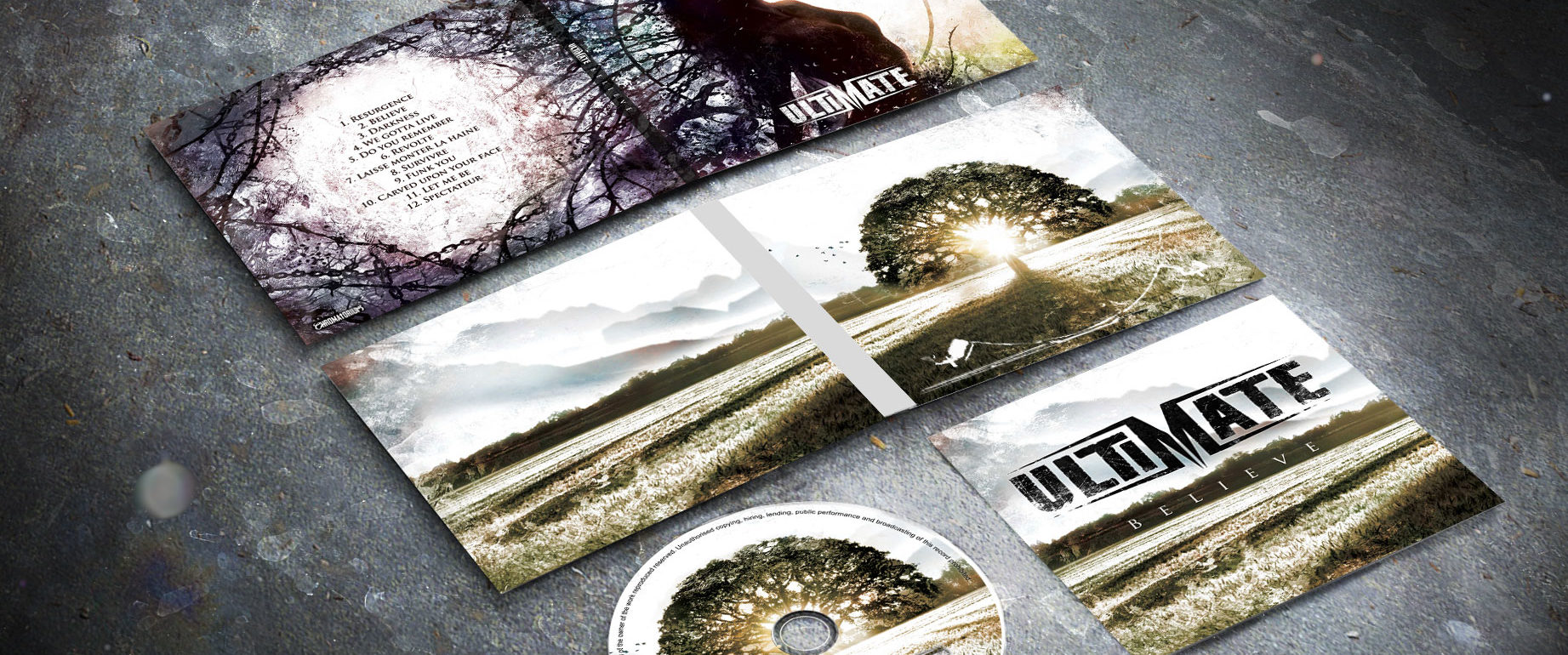 artwork complet illustration de l'ensemble du groupe de hard rock alternatif metal ultimate pour l'album believe fait par le chromatorium